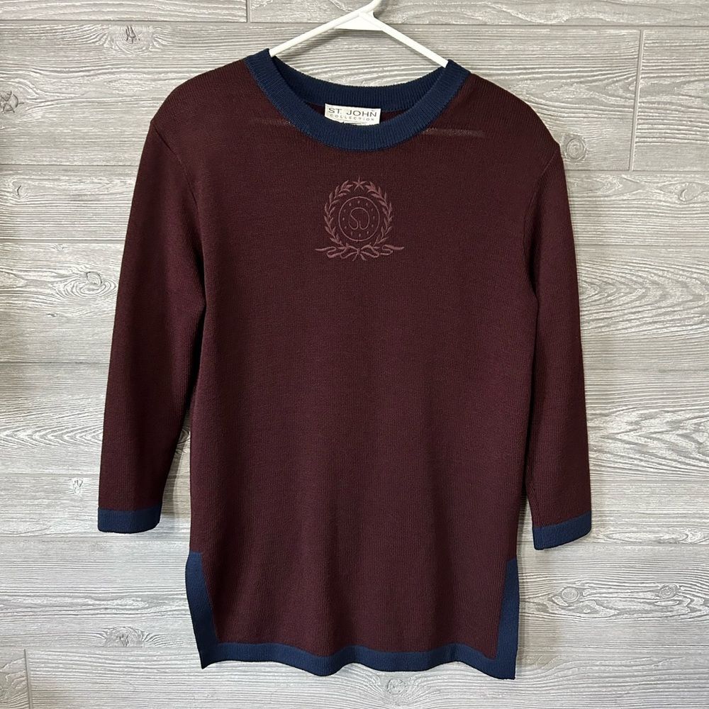 ST JOHN COLLECTION by Marie Gray Burgundy Navy Embroidered Crest Knit Petite‎ P